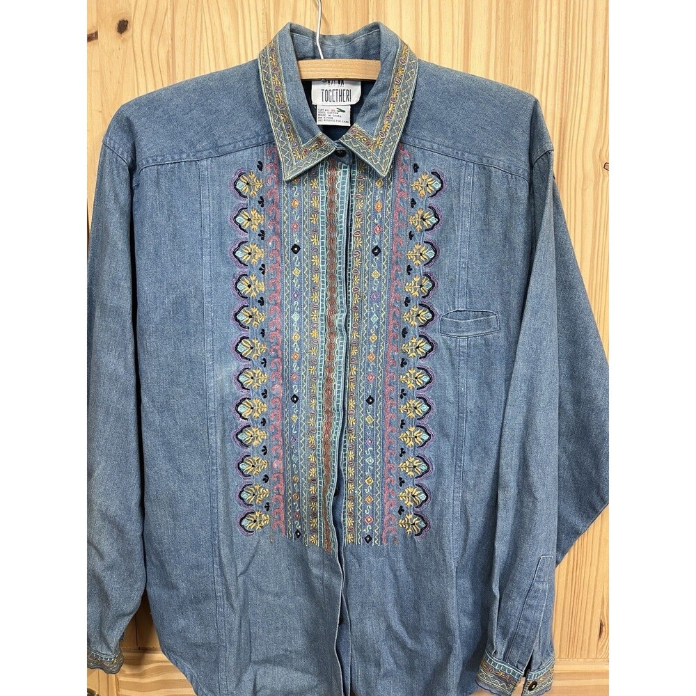 Together Brand Embroidered Denim Shirt Women’s Sm 90’s Grandma Core Y2K Cottage